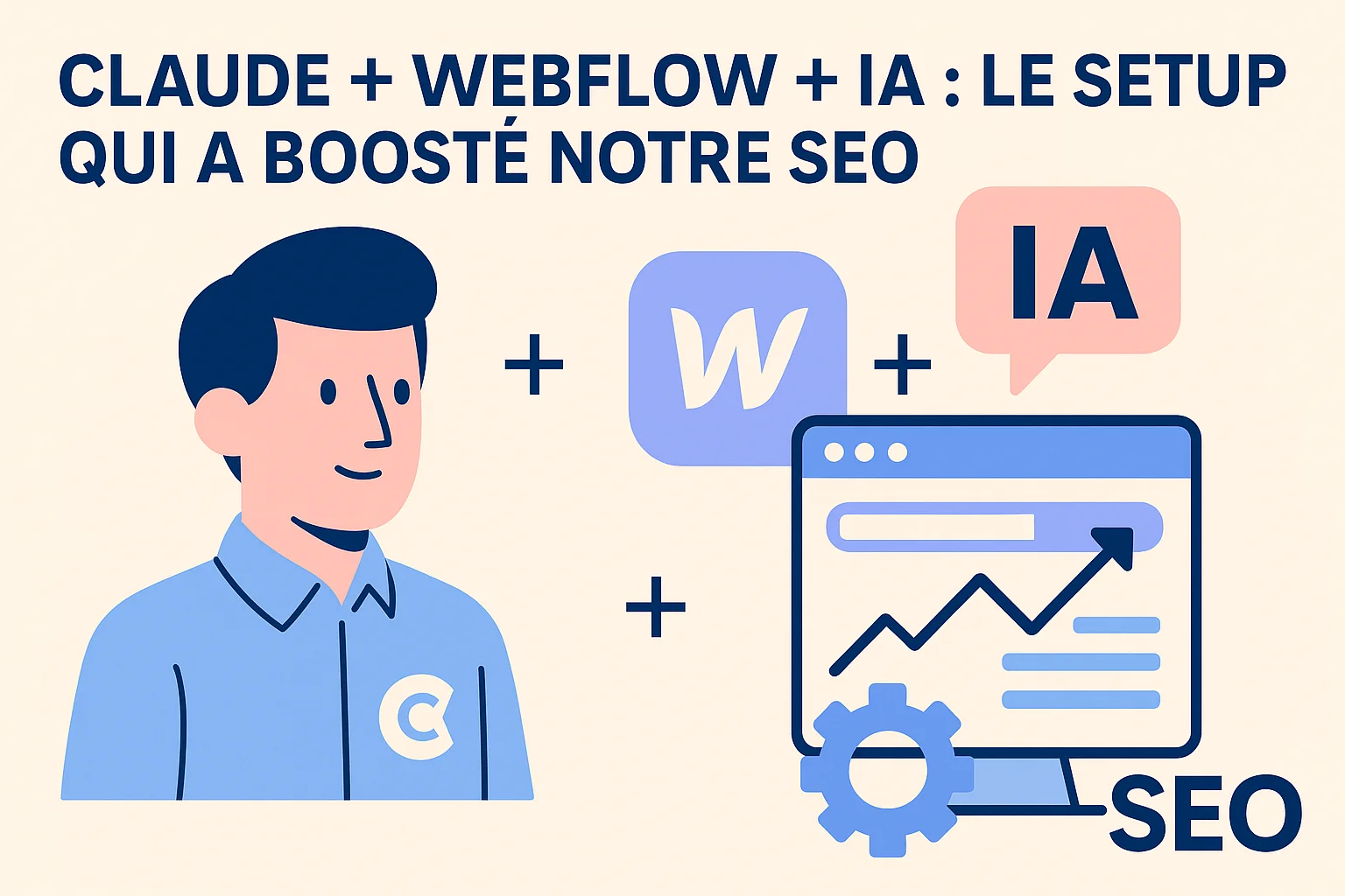 Illustration vectorielle minimaliste représentant Claude et Webflow boostant le SEO