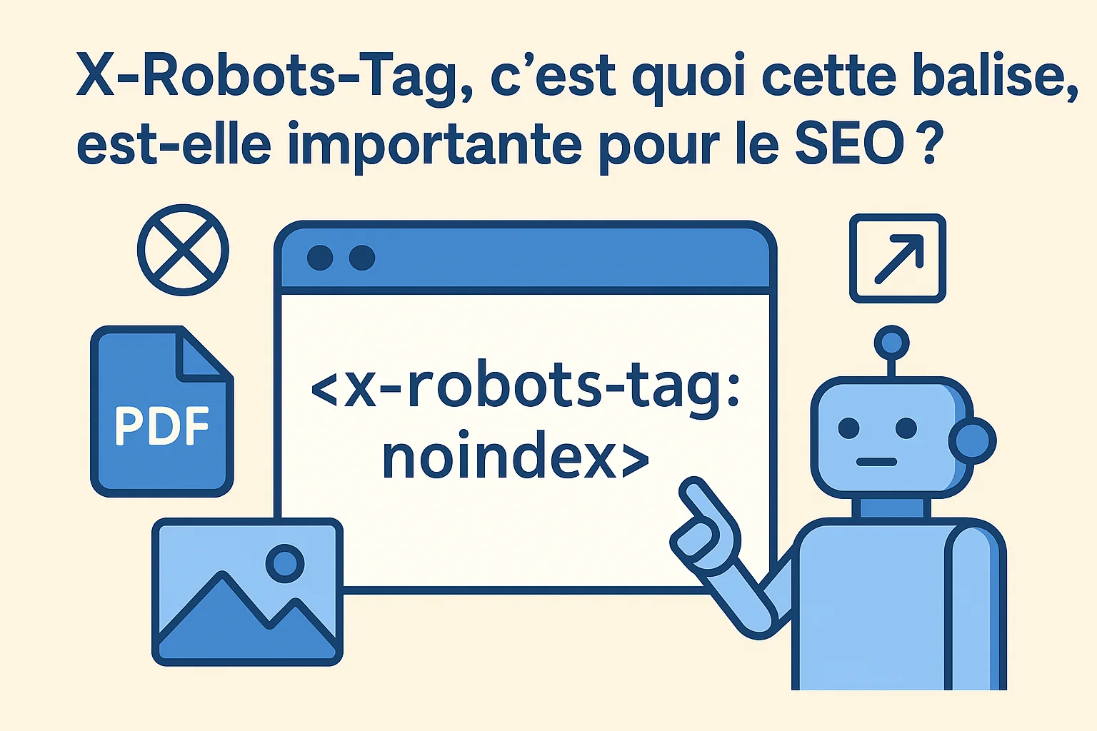 Illustration vectorielle minimaliste représentant la balise X-Robots-Tag et son rôle SEO